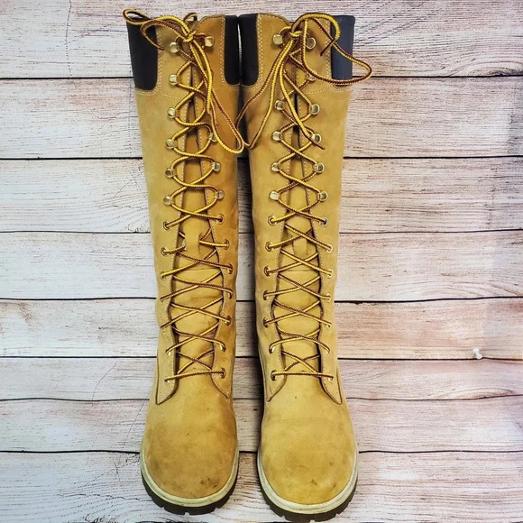 Timberland Women's 7 M Tan Nubuck Leather Waterproof 14" Knee High Lace Up Boots - Picture 2 of 12